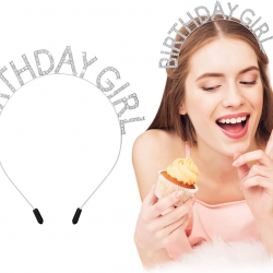 Mey İthalat® Kristal Taşlı Gümüş Birthday Girl Yazılı Doğum Günü Parti Tacı 19x11cm