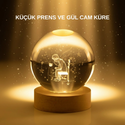Mey İthalat® Küçük Prens Cam Küre USB Işıklı Ahşap Standlı Büyük Boy