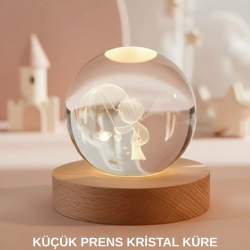 Mey İthalat® Küçük Prens Figürlü 3D Kristal Top Sıcak Işıklı USB Ahşap Tabanlı Dekor Lamba