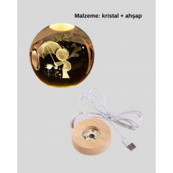 Mey İthalat® Küçük Prens Figürlü 3D Kristal Top Sıcak Işıklı USB Ahşap Tabanlı Dekor Lamba
