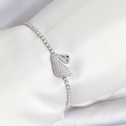 Mey İthalat® Kuğu Model Zirkon Taşlı Gümüş Renk Asansörlü Su Yolu Bileklik