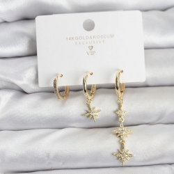 Mey İthalat® Kutup Yıldızı Model Gold Renk Pirinç 3'lü Kadın Küpe Seti