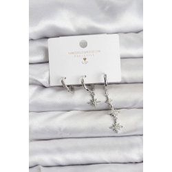 Mey İthalat® Kutup Yıldızı Model Gümüş Renk Pirinç 3'lü Kadın Küpe Seti