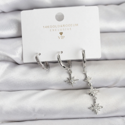 Mey İthalat® Kutup Yıldızı Model Gümüş Renk Pirinç 3'lü Kadın Küpe Seti