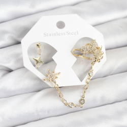 Mey İthalat® Kutup Yıldızı Model Pirinç Gold Renk Zincir Bağlantılı Ear Cuff Küpe Seti