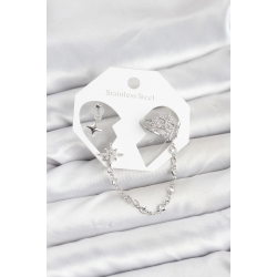Mey İthalat® Kutup Yıldızı Model Pirinç Gümüş Renk Zincir Bağlantılı Ear Cuff Küpe Seti