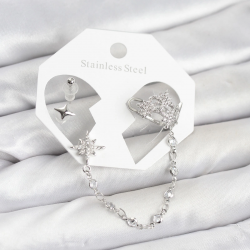 Mey İthalat® Kutup Yıldızı Model Pirinç Gümüş Renk Zincir Bağlantılı Ear Cuff Küpe Seti