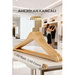 Mey İthalat® LasVegas Ahşap Elbise Askısı - 6'lı Set, Lüks Amerikan Kancalı Gardırop Düzenleyici