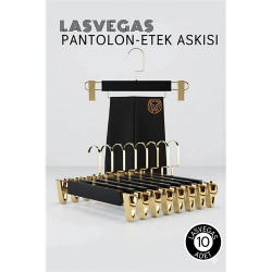 Mey İthalat® LasVegas  Siyah Ahşap Pantolon ve Etek Askı Seti 10'lu Set, Lüks Amerikan Kancalı