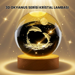 Mey İthalat® Lazer İşlemeli Yunus Kristal Küre Sıcak Işıklı Ahşap Standlı