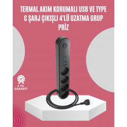 Mey İthalat® Led Anahtarlı Akım Korumalı Çoklu Priz 4 Priz 3 USB Girişli