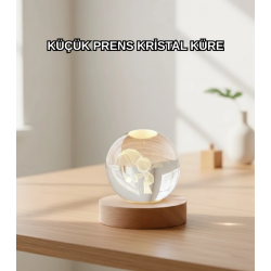 Mey İthalat® LED Aydınlatmalı 3D Küçük Prens Kristal Küre Ahşap Standlı Masa Gece Lambası