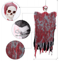 Mey İthalat® Led Işıklı Kahkaha Atan Sesli Sensörlü Ürpertici Kuru Kafa Kanlı Korku Hayalet Saçaklı Dekor 90x50 cm