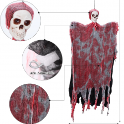Mey İthalat® Led Işıklı Kahkaha Atan Sesli Sensörlü Ürpertici Kuru Kafa Kanlı Korku Hayalet Saçaklı Dekor 90x50 cm