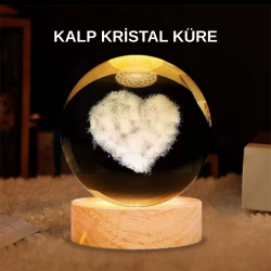 Mey İthalat® LED Işıklı Kalp Desenli Cam Küre Büyük Boy Ahşap Tabanlı
