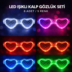 Mey İthalat® LED Işıklı Kalp Pilli Parti Gözlüğü – 6 Adet / 5 Renk Set