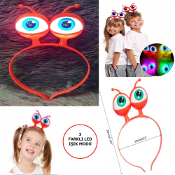 Mey İthalat® Led Işıklı & Pilli 3 Farklı Modda Yanan Uzaylı Göz Parti Tacı Kırmızı Renk 18x12 cm