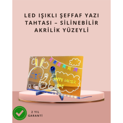 Mey İthalat® LED Işıklı Şeffaf Yazı Tahtası – Neon Etkili Akrilik Pano, Silinebilir, 7 Renkli Kalemli, 30x20 cm