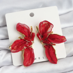 Mey İthalat® Lotus Model Kırmızı Renk Tüllü Kadın Küpe