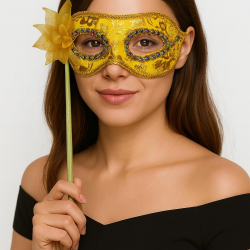 Mey İthalat® Lüks Taşlı Saplı Maskeli Balo Maskesi Altın Renk 35 cm