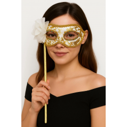 Mey İthalat® Lüks Taşlı Saplı Maskeli Balo Maskesi Beyaz Renk 35 cm