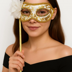 Mey İthalat® Lüks Taşlı Saplı Maskeli Balo Maskesi Beyaz Renk 35 cm