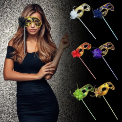 Mey İthalat®  Lüks Taşlı Saplı Maskeli Balo Maskesi Beyaz Renk 35 cm