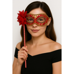 Mey İthalat® Lüks Taşlı Saplı Maskeli Balo Maskesi Kırmızı Renk 35 cm