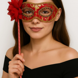 Mey İthalat® Lüks Taşlı Saplı Maskeli Balo Maskesi Kırmızı Renk 35 cm