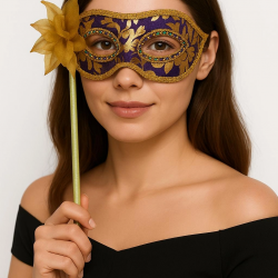 Mey İthalat® Lüks Taşlı Saplı Maskeli Balo Maskesi Mor Renk 35 cm