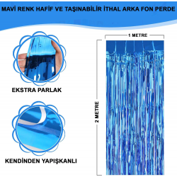Mey İthalat® Mavi Renk Ekstra Metalize Parlak Saçaklı Arka Fon Perde İthal A Kalite 1x2 Metre