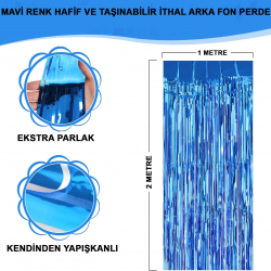 Mey İthalat® Mavi Renk Ekstra Metalize Parlak Saçaklı Arka Fon Perde İthal A Kalite 1x2 Metre