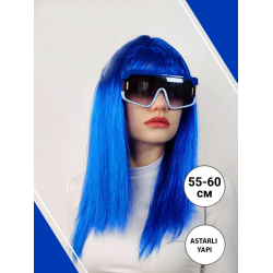 Mey İthalat® Mavi Renk Uzun Parti Peruğu