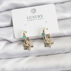 Mey İthalat® Mavi Taş Detaylı Pirinç Gold Renk Kadın Göçmen Küpesi