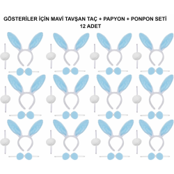 Mey İthalat® Mavi Tavşan Kostüm Seti – Taç, Papyon, Ponpon (12’li Paket)