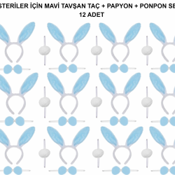 Mey İthalat® Mavi Tavşan Kostüm Seti – Taç, Papyon, Ponpon (12’li Paket)