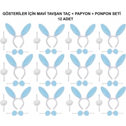 Mey İthalat® Mavi Tavşan Kostüm Seti – Taç, Papyon, Ponpon (12’li Paket)