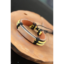 Mey İthalat® Metal Aksesuarlı Sarı Siyah Renk Deri Erkek Bileklik