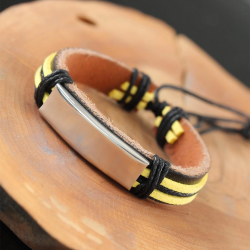 Mey İthalat® Metal Aksesuarlı Sarı Siyah Renk Deri Erkek Bileklik