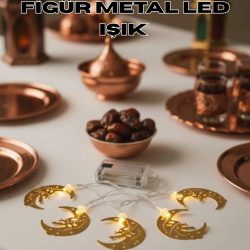 Mey İthalat® Minareli Hilal LED Işık Gold Metal Gövdeli Pilli Ramazan Dekoru
