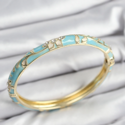 Mey İthalat® Mineli Pirinç Zirkon Taşlı Turkuaz Çiçek Motifli Gold Kadın Kelepçe