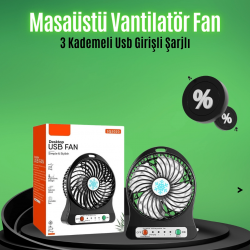 Mey İthalat® Mini USB Fan – Şarj Edilebilir, Işıklı, 3 Kademe, Taşınabilir Masaüstü Vantilatör