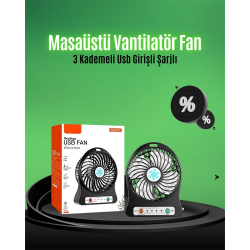 Mey İthalat® Mini USB Fan – Şarj Edilebilir, Işıklı, 3 Kademe, Taşınabilir Masaüstü Vantilatör