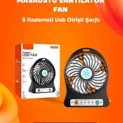 Mey İthalat® Mini Vantilatör Masaüstü – USB Girişli, Şarjlı, 3 Kademe, Sessiz Motor, Işıklı