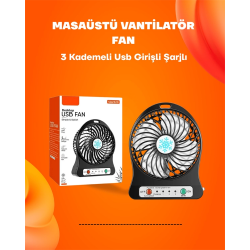 Mey İthalat® Mini Vantilatör Masaüstü – USB Girişli, Şarjlı, 3 Kademe, Sessiz Motor, Işıklı