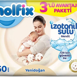 Mey İthalat® Yenidoğan İzotonik Sulu Doğal Pamuk Islak Havlu Mendil 3'Lü 150 Yaprak