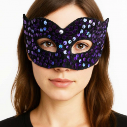 Mey İthalat® Mor Renk Arkadan Lastikli Pul Payet İşlemeli Balo After Parti Maskesi