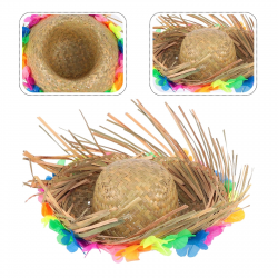 Mey İthalat® Naturel Renk Püsküllü Örme Hasır Hawaii Luau Aloha Şapka 13x36 cm