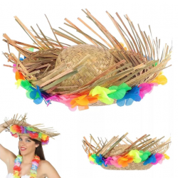Mey İthalat® Naturel Renk Püsküllü Örme Hasır Hawaii Luau Aloha Şapka 13x36 cm