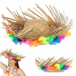 Mey İthalat® Naturel Renk Püsküllü Örme Hasır Hawaii Luau Aloha Şapka 13x36 cm